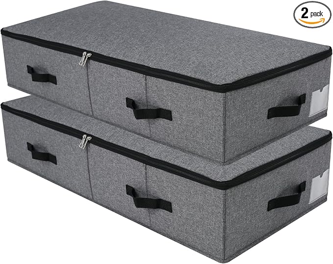Under Bed Storage Bins with Lids, Closet Organizers, Foldable Under-bed Storage Baskets for Sheets, Clothes, Quilts, Sweaters, Wrapping Paper, 35x16.5x7inch, Black Gray, 2PCS by Omygarden
