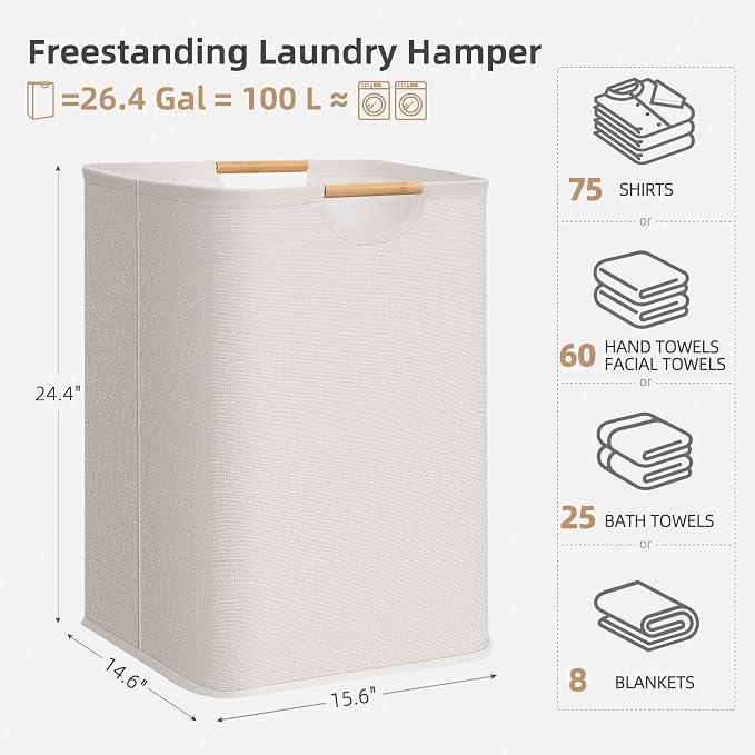 STORAGE MANIAC 1-Pack Large Laundry Hamper, 100L (26.4 Gal) Collapsible Laundry Basket with Bamboo Handles, Freestanding Waterproof Clothes Hamper for Laundry Room, Bedroom, Dorm, Towels, White - Image 4