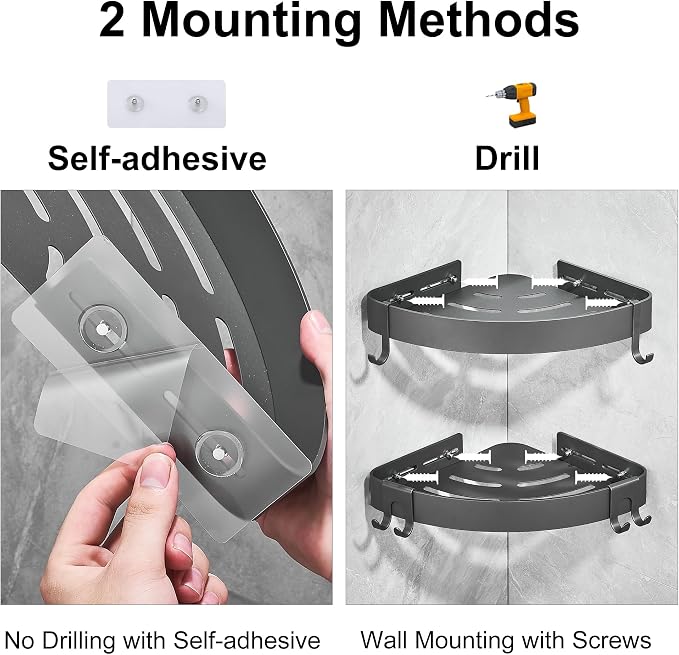 DUFU Adhesive Corner Shower Caddy with Hooks, Grey, 2 Pack - Image 4