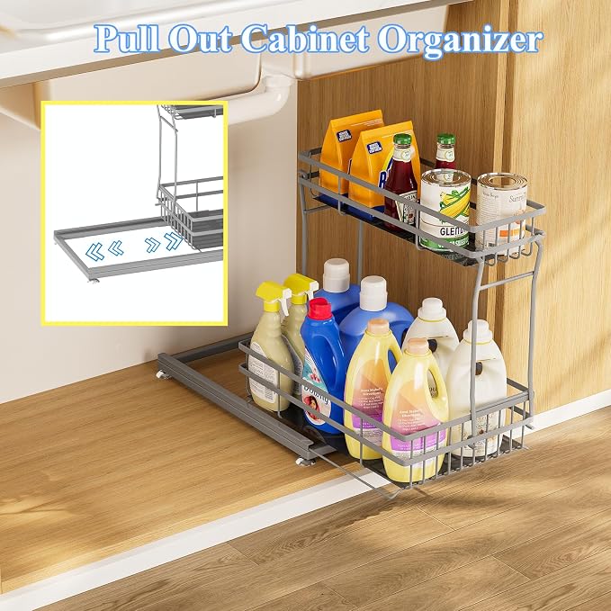 2 Pack Under Sink Organizers and Storage, 2 Tier Pull Out Cabinet Organizer, Metal Sliding Drawer Storage for Kitchen Bathroom，Gray - Image 2