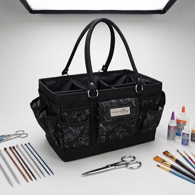 Everything Mary Deluxe Store & Tote Organizer – Black & White Floral Craft Bag with Handle – Collapsible Storage for Scrapbooking, Sewing, DIY Tools & Art Supplies - Image 7