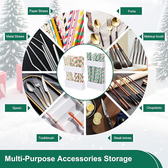 2 PACK Small Acrylic Straw Holder for Cabinet Doors，Straw Organizer Storage with Most Sizes，Multi-Function Kitchen Accessories Container with Adhesive Round Pads(whtie) - Image 7