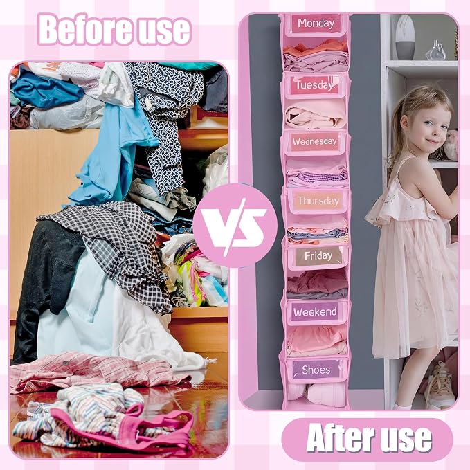 2 Pack 7 Shelf Weekly Clothes Organizer Hanging Closet for Kids with Side Pockets Weekday Shoes Rack Weekly Clothes Organizers Monday Through Weekend Foldable Storage Shelves(Pink) - Image 4