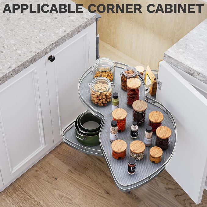 DWVO Corner Cabinet Pull-Out Organizer, 2-Tier Blind Corner Shelf with 270° Swing-Out Tray, Right Swing, Heavy-Duty Chrome Plated Iron, 32.7"x17.3"x21.3", Gray - Image 2