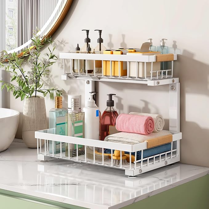 Kitstorack Under Sink Organizer, 2 Tier Under the Sink Storage, Slide out Pull out Cabinet Organizer Shelf, Metal Sliding Drawer for Kitchen Bathroom Pantry Closet Organization Rack, White, 2 Pack - Image 8
