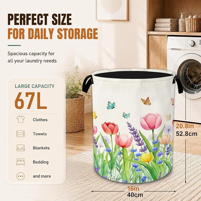 Decorative Foldable Laundry Basket with Handles,Watercolor Tulips Oxford Clothes Hamper featuring Spring Flowers, 16 x 20.8 Inch Storage Basket for Bedroom Bathroom Laundry Room,20.8x16 Inch - Image 2