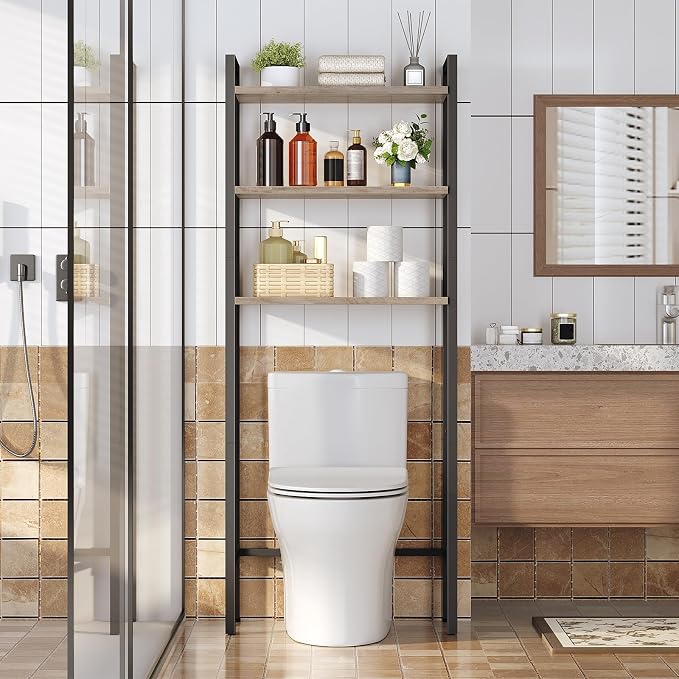 HOOBRO Over The Toilet Storage, 3-Tier Bathroom Organizer Shelf Over Toilet, Freestanding Bathroom Storage Shelves, Space Saver, Easy to Assemble for Room, Greige and Black BG41TS01 - Image 2