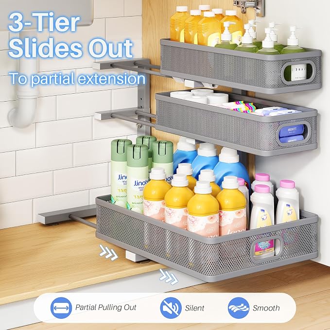 Under Sink Organizer, 3-Tier Thickened Metal Pull out Cabinet Organizer Shelf, Height Adjustable Slide out Storage Drawer Rack for Kitchen Bathroom Pantry Laundry Home Organization, 1-Pack, Grey - Image 5