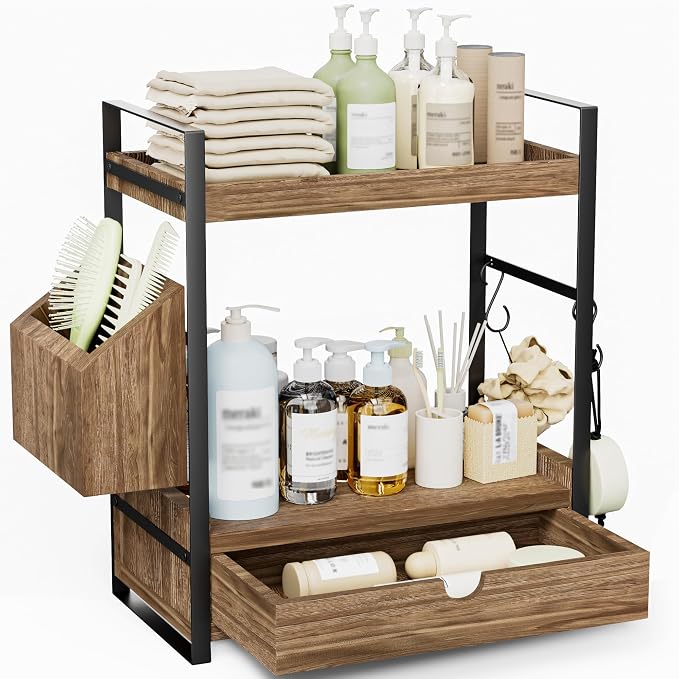 2-Tier Bathroom Counter Organizer, Wooden Vanity Shelf with Drawer & Basket by Unknown