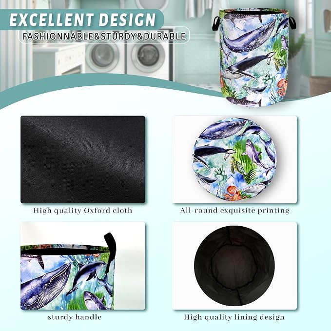 Colorful Whale Laundry Basket Oxford Cloth Foldable Hamper 18.9x16.5 Inch - Image 4