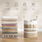 Nunsino 62L Striped Laundry Hamper with Leather Handles,Large Foldable Laundry Basket for Clothes,Cotton Rope Storage Bin for Blankets,Woven Clothes Basket for Bedroom, Beige Stripes - Image 4