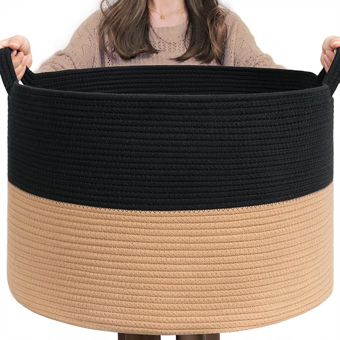 INDRESSME XXXLarge Woven Rope Blanket Basket Living Room Black Camel, 90L by INDRESSME