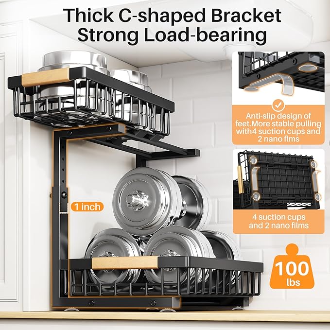 PXRACK Under Sink Organizer, Adjustable Height, 2 Tier Pull Out Under Cabinet Organizer, Slide Out Thickened Metal Under Sink Storage for Kitchen Bathroom Laundry Pantry Cabinet, Black, Large-1-Pack - Image 6