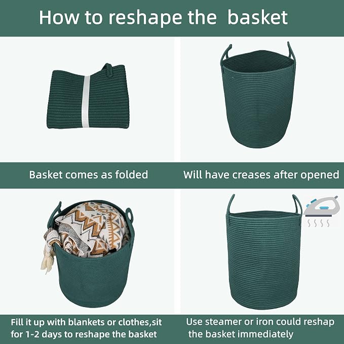 XUANGUO Cotton Rope Laundry Basket Hamper for Clothes Large Dark Green - Image 7