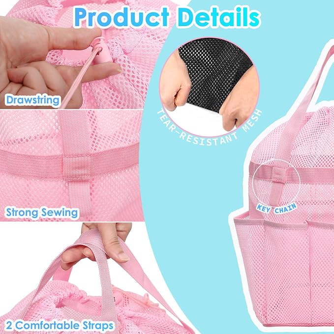Fammart Mesh Shower Caddy Portable with Drawstring, Dorm Room Essentials for College Girls Guys, 8-Pocket Extra Large Shower Bag Basket Tote for Camping Beach Gym Travel Toiletry Bathroom - Image 5