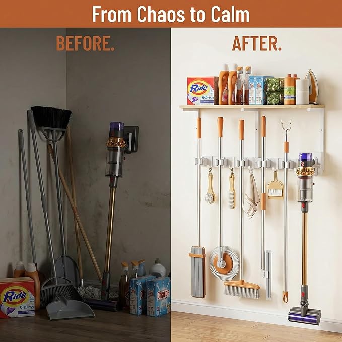 Upgraded Broom Holder Wall Mount with Shelf, Mop and Broom Organizer Wall Hanging, Cleaning Supplies Organizer with 5 Grippers, 4 Hooks and Vacuum Holder for Laundry Room, Garage, Kitchen - Image 5