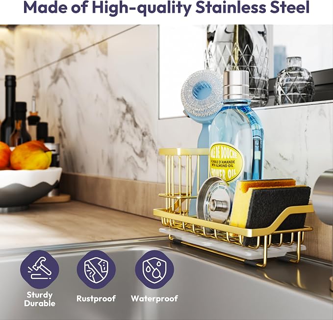 SWTYMIKI Sink Caddy Kitchen Sink Organizer with Detachable Brush Holder, Stainless Steel Sponge Holder with Removable Drip Tray Sponge Caddy for Kitchen Countertop, Gold - Image 3