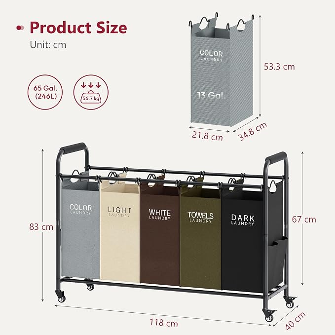Tajsoon 5 Bag Laundry Sorter Cart, Laundry Hamper 5 Section, 5 Colors - Image 7