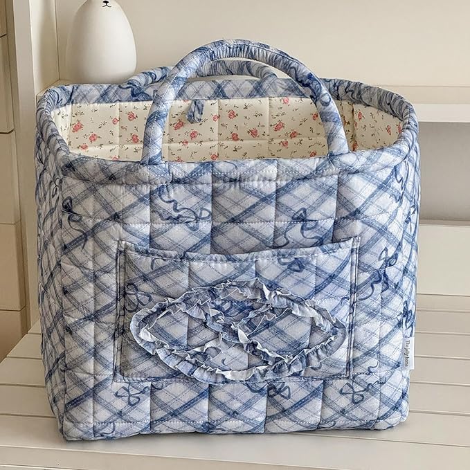 Storage Basket Boho Fabric Large Collapsible Floral Laundry Nursery Hamper Portable Folding Storage for Clothes Toys (Blue Bow) - Image 3