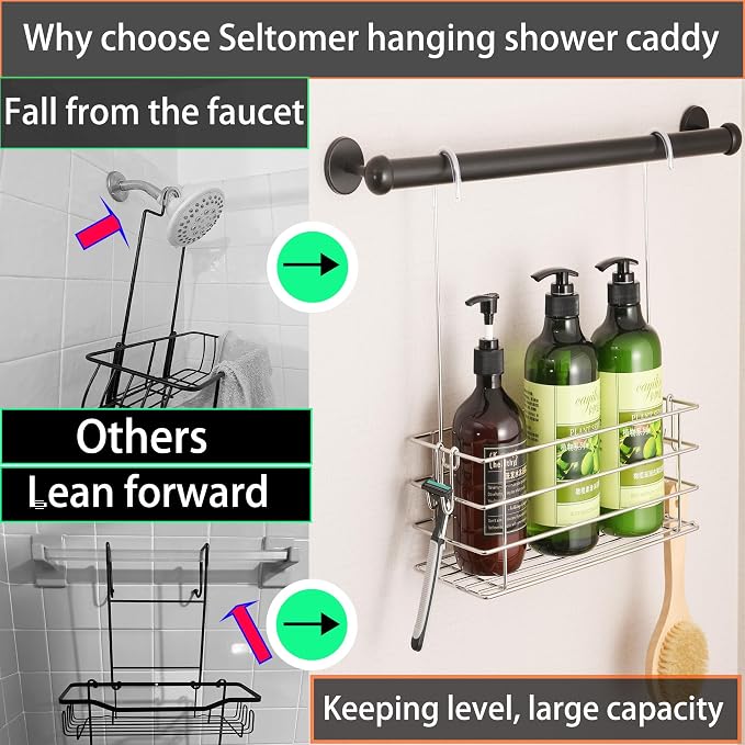 1-Tier Shower Caddy Hanging Shower Organizer Rack with Hooks Over The Door - Image 7