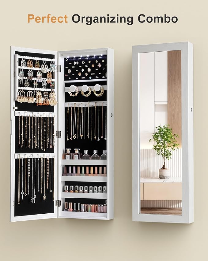 Nicetree 6 LEDs Jewelry Armoire, Hanging Mirror Jewelry Cabinet, White - Image 4