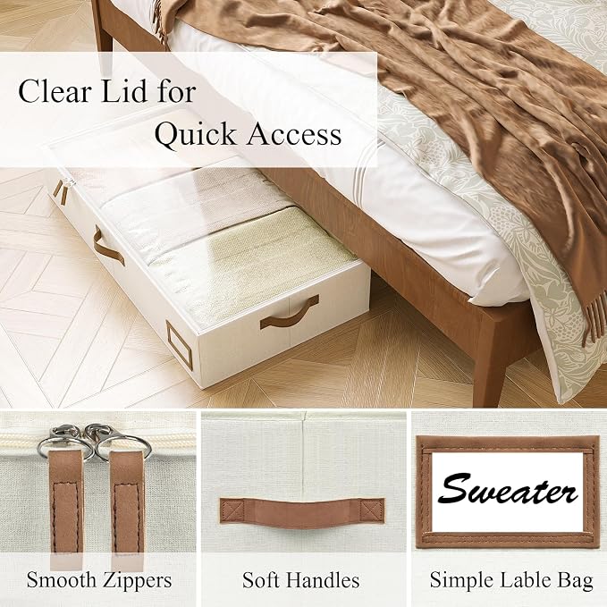 Under Bed Storage, Under Bed Storage Containers Bins for Clothes, Large Linen Underbed Closet Organization Bins, 2 Pack Collapsible Underbed Bin Dorm for Clothes, Sweater, Beige - Image 3