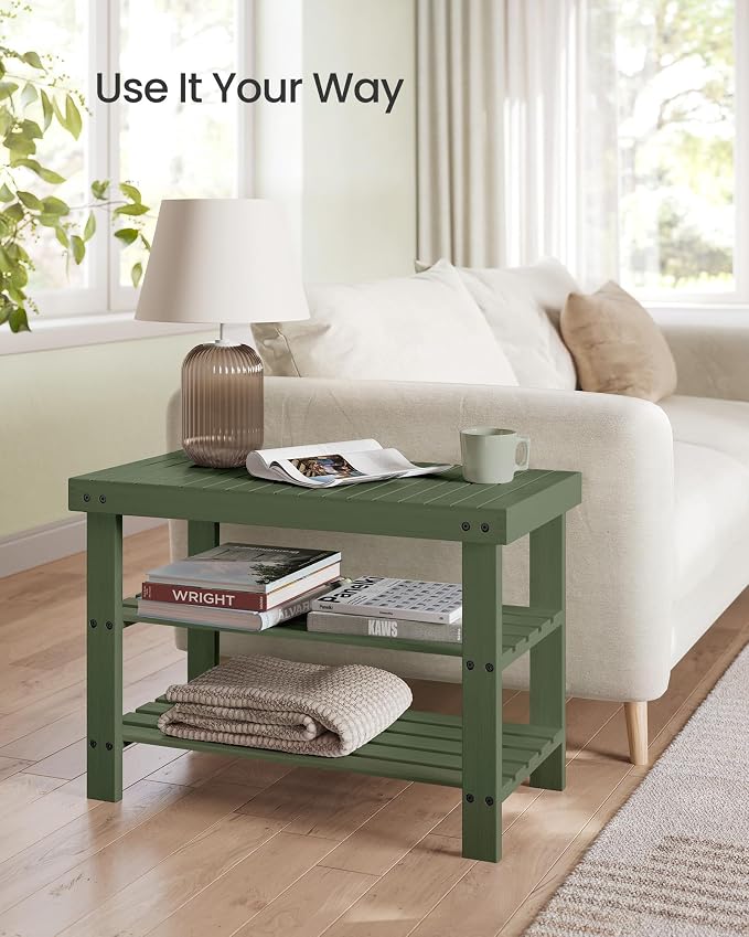 SONGMICS Shoe Rack Bench, 3-Tier Bamboo Entryway Bench, 27.6 Inches Width | Shoe Storage Organizer, Holds Up to 286.6 lb, Forest Green, BAMBOU Collection ULBS004C01 - Image 5