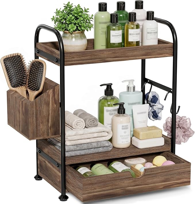 2-Tier Bathroom Counter Organizer with Drawer, Wooden Vanity Skincare Shelf by Kottwca
