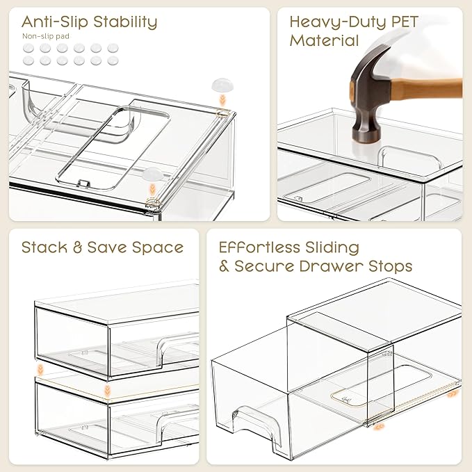 Criusia Stackable Storage Drawers, 4 Pack Clear Plastic Makeup & Bathroom Organizer, Versatile Storage Bins for Vanity, Under Sink, Kitchen Cabinets & Pantry - Image 5