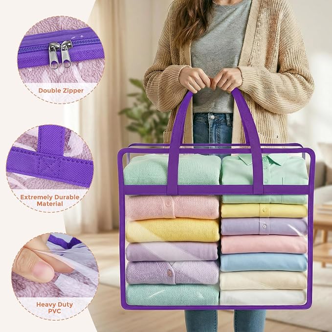 4 Pack Clear Storage Bags for Clothes, 45L Closet Organizers and Storage | Plastic storage with zipper and handle, moving bags, under-bed storage, closet organizer for blankets, comforters, toys - Image 3