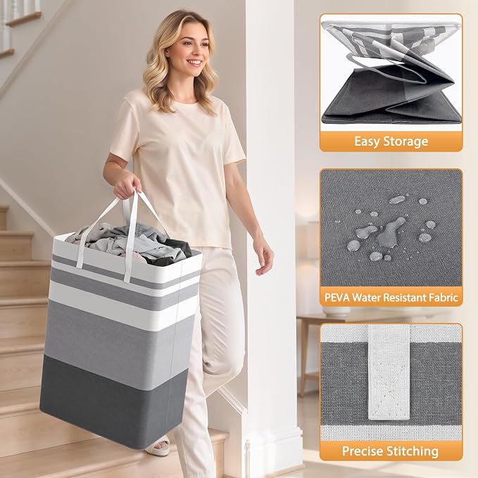 HomeHacks 2 Pack Large Laundry Baskets, Laundry Hampers Bags (Grey 75Lx2) | Waterproof, Freestanding, Collapsible Clothes Hamper with Reinforced Handles in Laundry Room, Dorm, Bathroom, Bedroom - Image 6