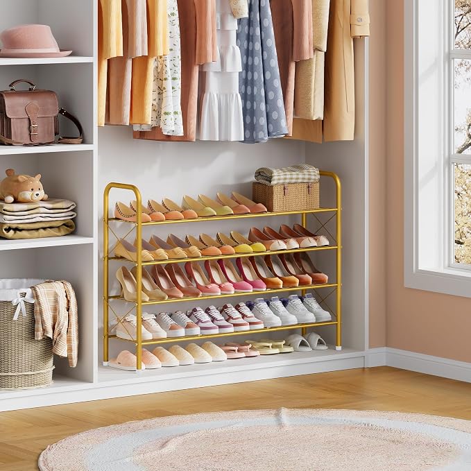 Hoctieon 4 Tier Mesh Style Shoe Rack, Entryway Shoe Shelf, Shoe Storage Organizer, Shoe Rack for Closet, Space Save for Bathroom, Garage, Hallway, Bedroom, Living Room, Gold - Image 6