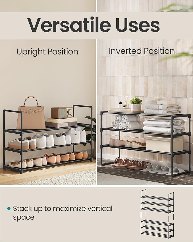 SONGMICS Shoe Rack, 3-Tier Shoe Organizer, Metal Storage Shelf | for Entryway, Upright or Upside Down, for 16-20 Pairs, Stackable, 11.8 x 36.2 x 21.7 Inches, Black ULSA303B02 - Image 4