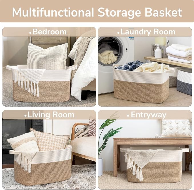 Goodpick Large Woven Rope Blanket Basket, Rectangle, White & Light Brown - Image 4