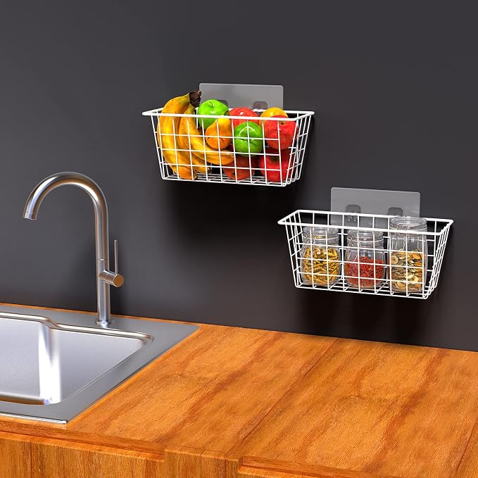 MaraFansie Wall Wire Baskets Adhesive Basket Hanging Kitchen Baskets No Drilling for Cabinet & Pantry Organization and Kitchen, Bathroom, Bedroom Storage, 4 Pack, White - Image 5