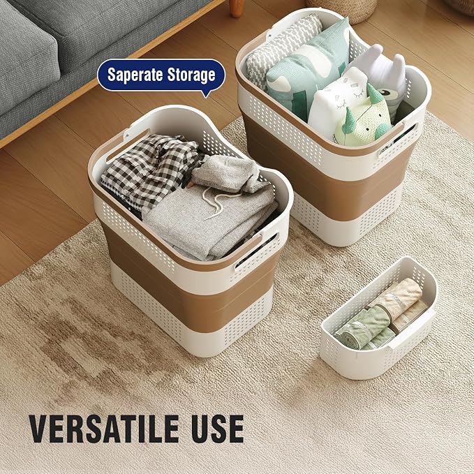 TECHMILLY Collapsible Plastic Laundry Basket Hamper with Handles, 35L Portable Rubber Clothes Basket, Pop Up Storage Container/Organizer with Hanging basket for Washing & Storage, Brown - Image 6