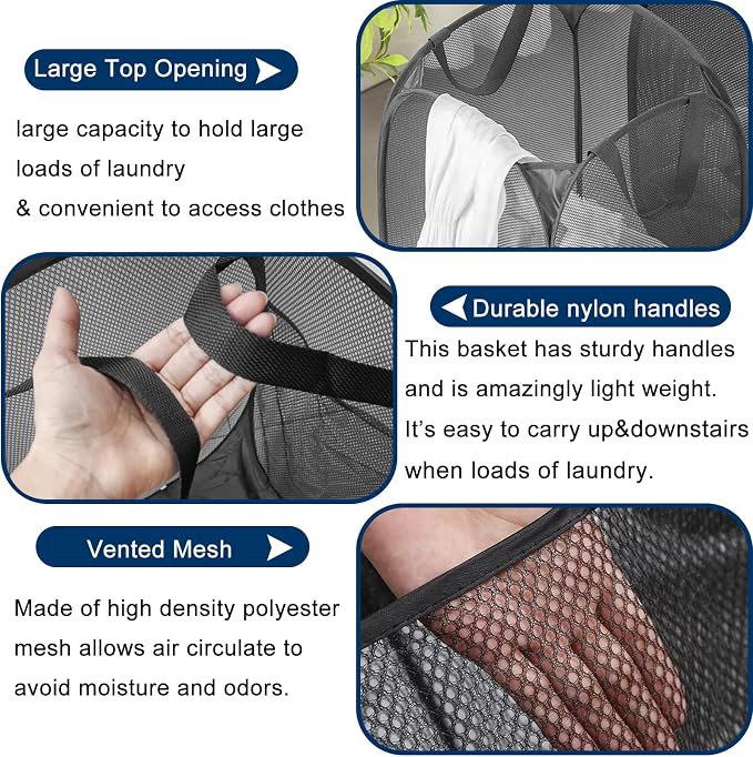 Pop Up Laundry Hamper Pack of 2 Mesh Collapsible Laudry Baskets with Side Pocket and Handles, Easy to Carry for Cruise, Home, Dorms, Laundry Room (Black+Rose red) - Image 3