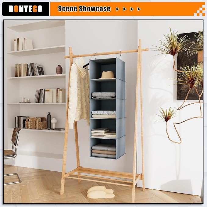 Hanging Closet Organizer 5-Shelf, Oxford Fabric Wardrobe Storage, Gray | Easy-mount foldable design holds clothes, handbags, shoes & accessories; washable Oxford fabric, sturdy and space-saving. - Image 2