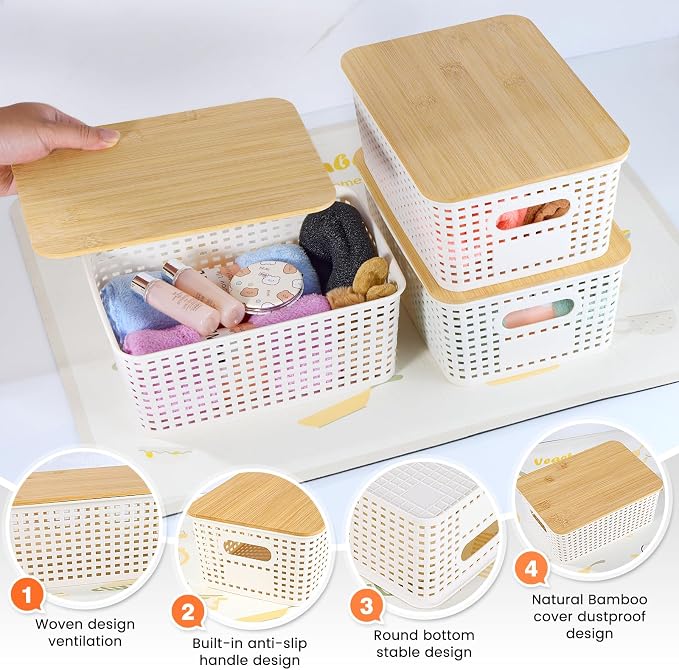 Ohmlove 6 Pack Plastic Storage Baskets with Bamboo Lids for Organization - Image 3
