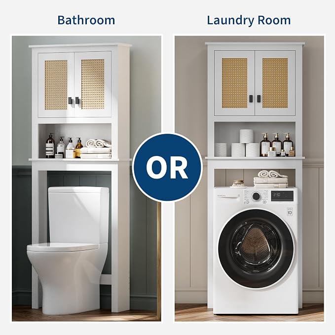 GarveeHome Over The Toilet Storage Cabinet, Farmhouse Over Toilet Bathroom Organizer with Rattan Doors, Freestanding Wood Above Toilet Storage Cabinet with Adjustable Shelf, White - Image 7