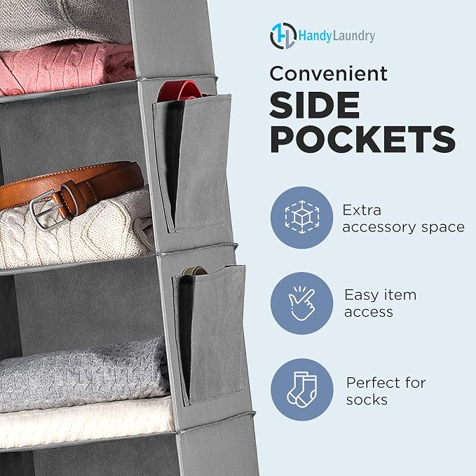 Handy Laundry Hanging Closet Organizer - 6 Shelf Storage for Clothes, Sweaters, Shoes & Accessories - Space-Saving Wardrobe Shelves with Hooks for Dorm, RV & Small Closet Organization (Grey) - Image 5