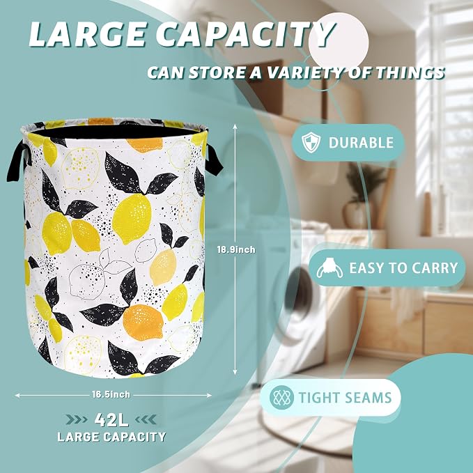 Lemons Laundry Hamper Boho Tropical Fruit Colorful Laundry Basket With Handles Foldable Oxford Cloth Tote Bag Clothes Toy Storage Bucket 18.9 x 16.5 Inch For Bathroom/Laundry/Bedroom - Image 2