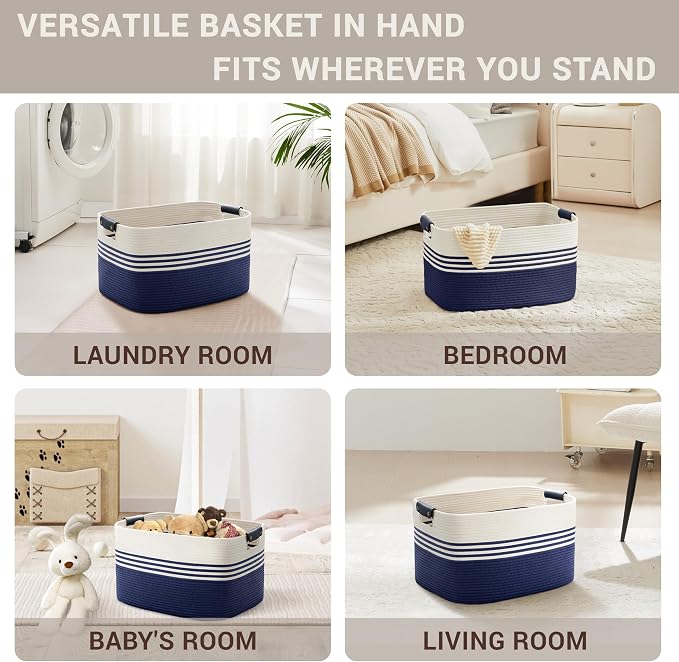 45L Small Woven Laundry Basket Hamper with Leather Handles,Navy - Image 4