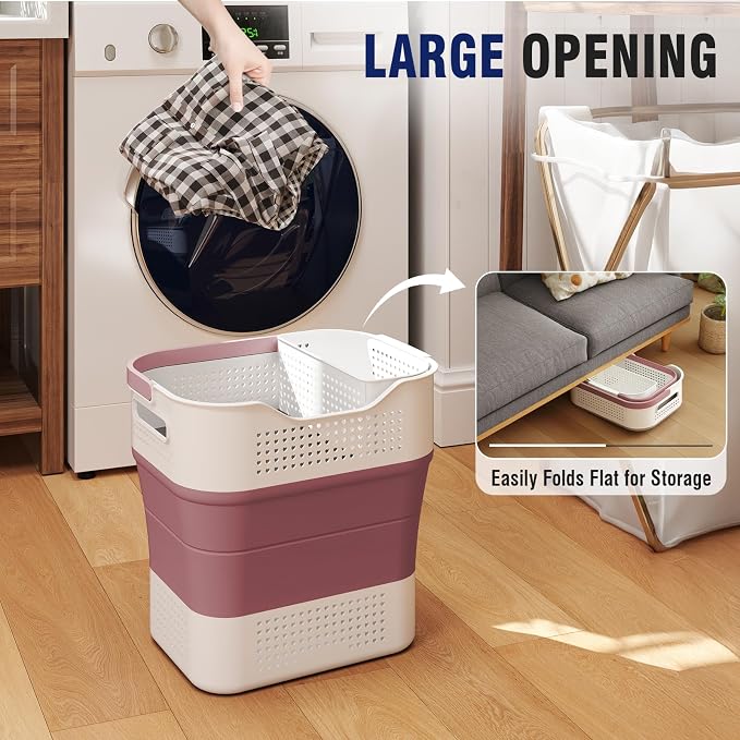 TECHMILLY Collapsible Plastic Laundry Basket Hamper with Handles, 35L Portable Rubber Clothes Basket, Pop Up Storage Container/Organizer with Hanging basket for Washing & Storage, Red - Image 3