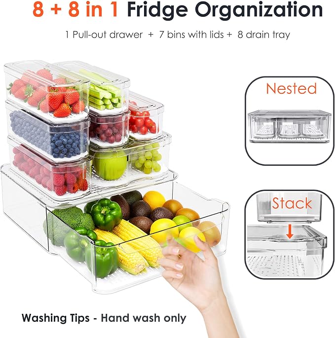 SMRCAD 8 Pack Clear Fridge Organizer Bins with Drain Trays - Stackable - Image 7