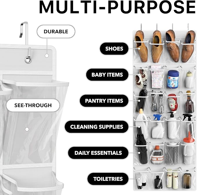 Simple Houseware 24 Pockets Large Clear Over the Door Shoe Organizer, White | 56" x 22.5", 4 Durable Metal Hooks, 5" x 9" Pocket Size, Multipurpose - Image 4