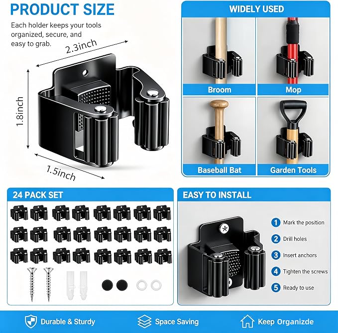 24 Pack Broom Holder Wall Mount, Tool Storage Mop Organizer, Shovel Rack Hooks For Garage Laundry Kitchen Garden Shovel Cleaning Supplies - Image 3