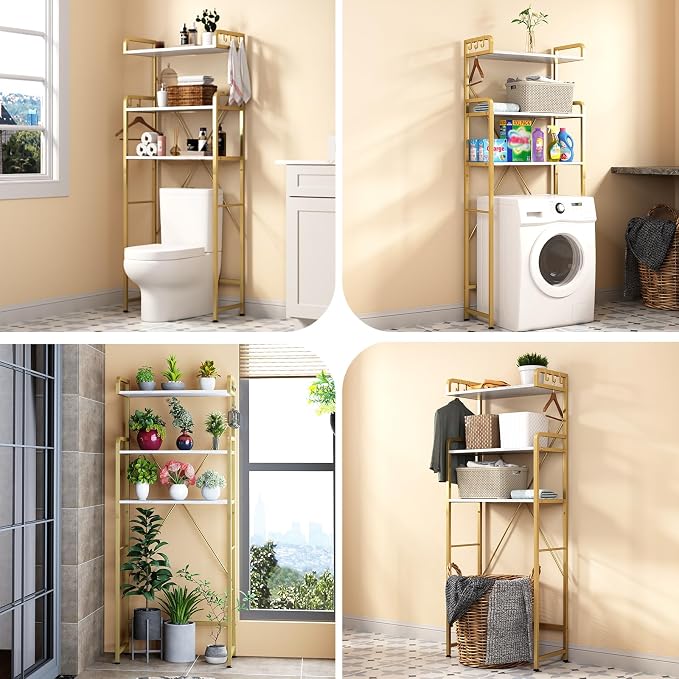 Over The Toilet Storage Rack with 3-Tier Shelves, Space Saver Toilet Shelf, Laundry Organizer with Hooks for Over Toilet Storage and Space Saver (White & Gold) - Image 9