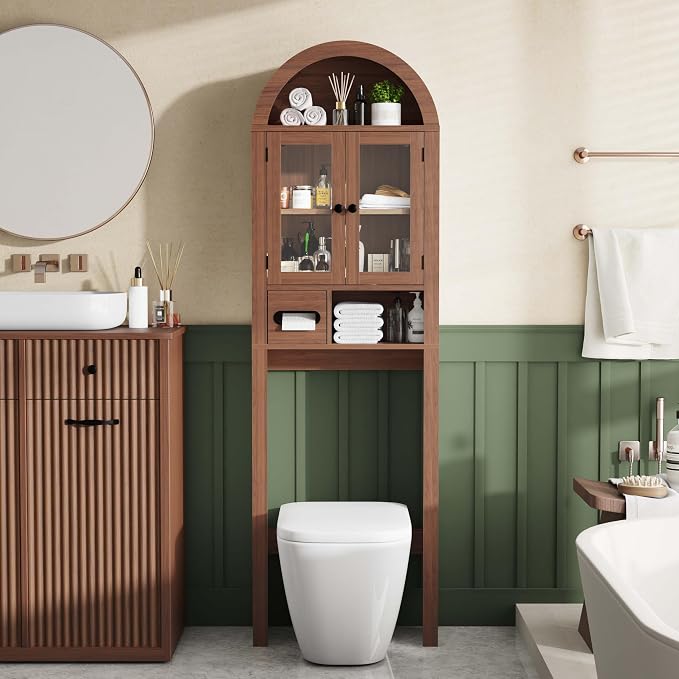 Arched Over the Toilet Storage Cabinet with Tempered Glass Doors, Walnut - Image 5
