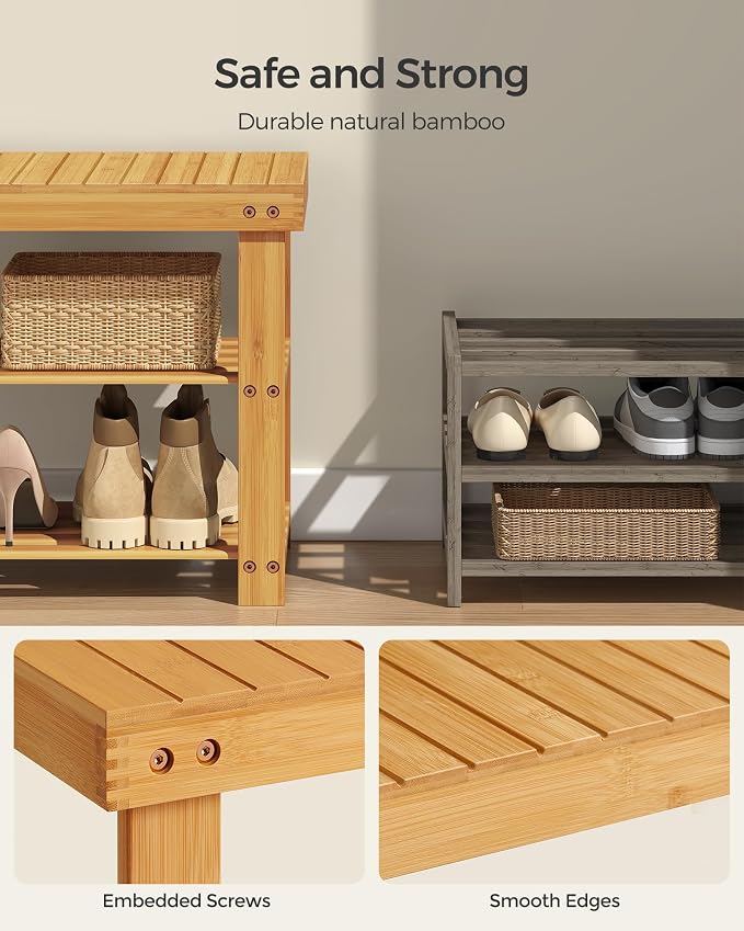 SONGMICS Shoe Rack Bench, 3-Tier Bamboo Entryway Bench, 35.4 Inches Width | Shoe Storage Organizer, Holds Up to 286.6 lb, Natural, BAMBOU Collection ULBS90N - Image 5